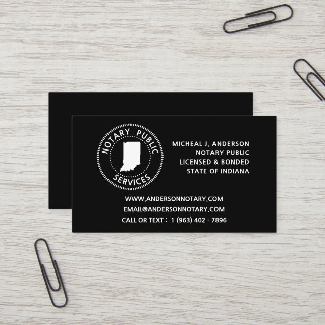 Carte De Visite Services publics notaires Indiana (Devant/Arrière en situation)