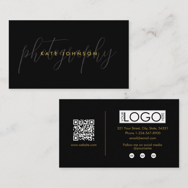 Carte De Visite Signature de code QR du script de l'or noir (Devant / Derrière)