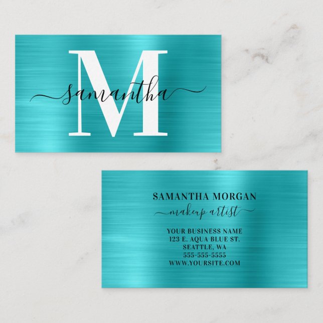 Carte De Visite Signature Monogramme Turquoise Blue Shimmer (Devant / Derrière)