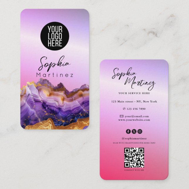 Carte De Visite Signature Purple Agate gold marble & QR Code Logo (Devant / Derrière)