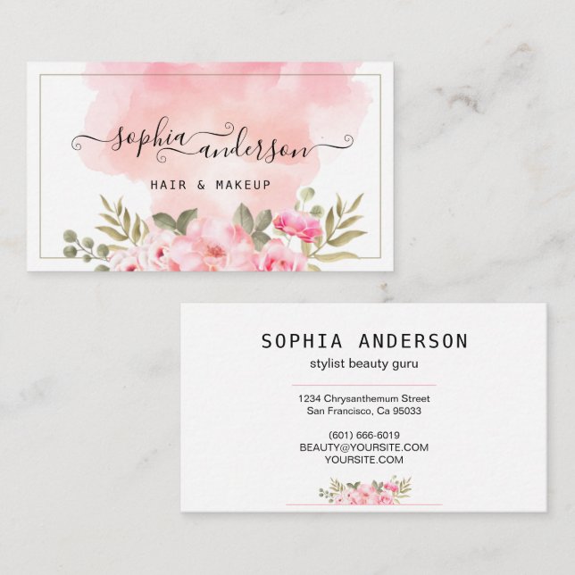 Carte De Visite Signature Script & Elegant Aquarelle Rose floral (Devant / Derrière)