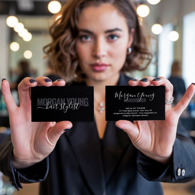 Carte De Visite Signature styliste moderne noir chic cheveux (Modern black chic hair stylist script signature)
