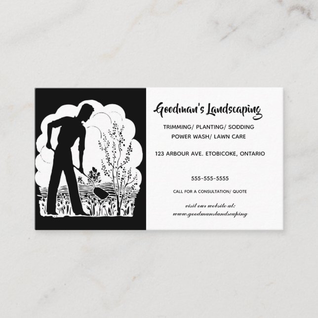 Carte De Visite Silhouette modifiable d'un jardinier Paysage (Devant)