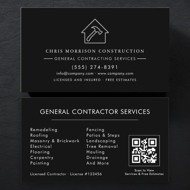 Carte De Visite Silver Black General Contractor QR Code (Créateur téléchargé)