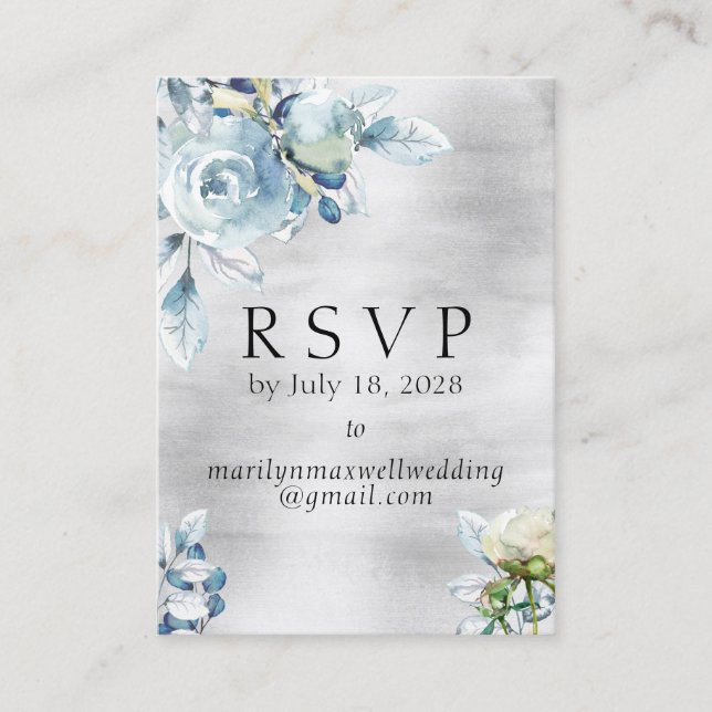 Carte De Visite Silver Dusty Blue Peony Mariage en ligne RSVP déta (Devant)
