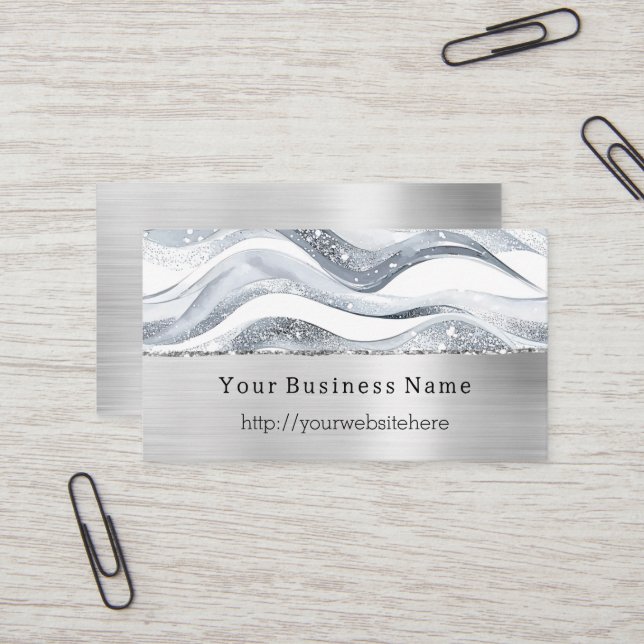 Carte De Visite Silver Glitzy Waves Stripes Business name website (Devant/Arrière en situation)