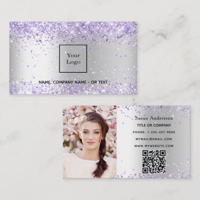 Carte De Visite Silver lavande photo QR code salon de beauté (Devant / Derrière)