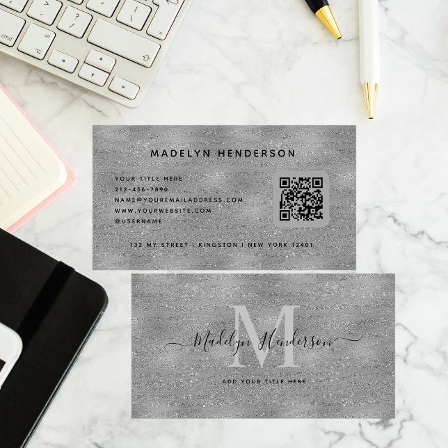 Carte De Visite Silver Luxury QR Code Professionnel Monogramme (Créateur téléchargé)