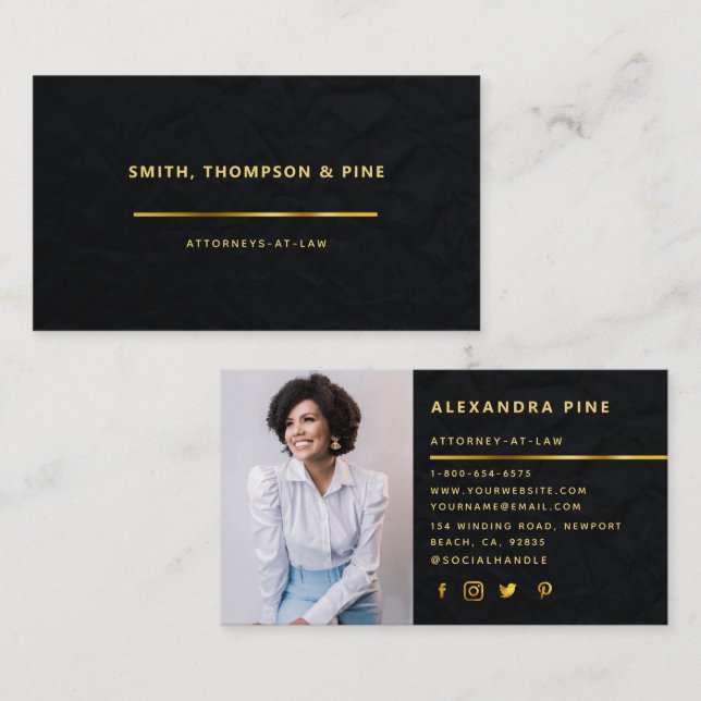 Carte De Visite Simple Black Gold Line Entreprise Photo (Devant / Derrière)