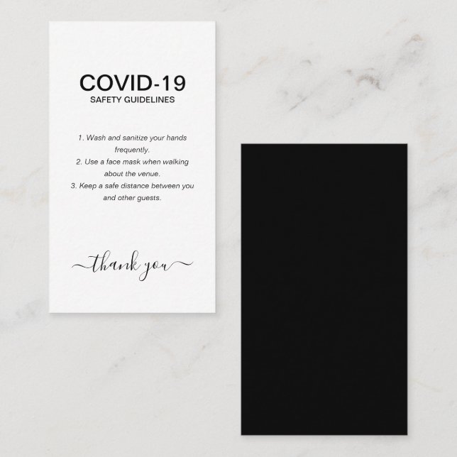 Carte De Visite Simple Black White Covid Safety Guidelines Party (Devant / Derrière)