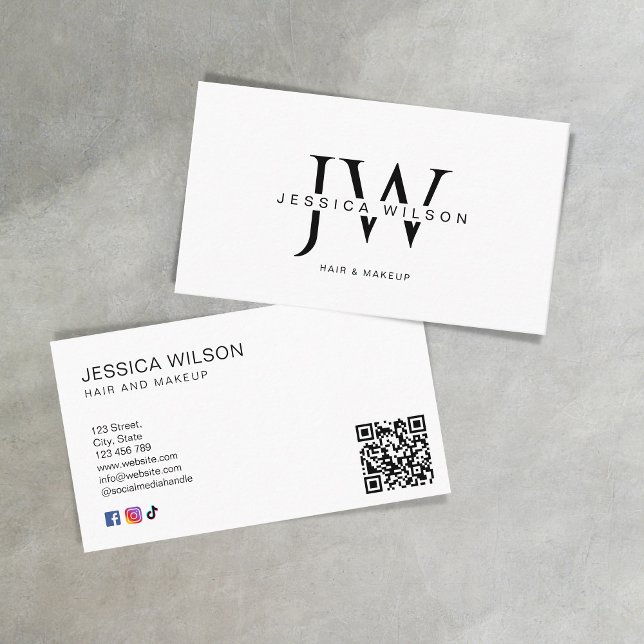 Carte De Visite Simple blanc moderne Monogramme minimum QR Code (Créateur téléchargé)