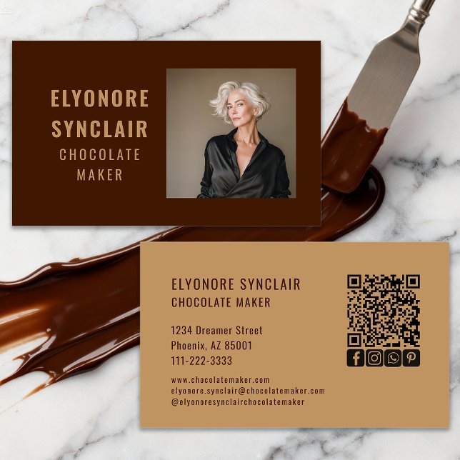 Carte De Visite Simple Brown Chocolate Maker Photo Social QR Code  (Créateur téléchargé)