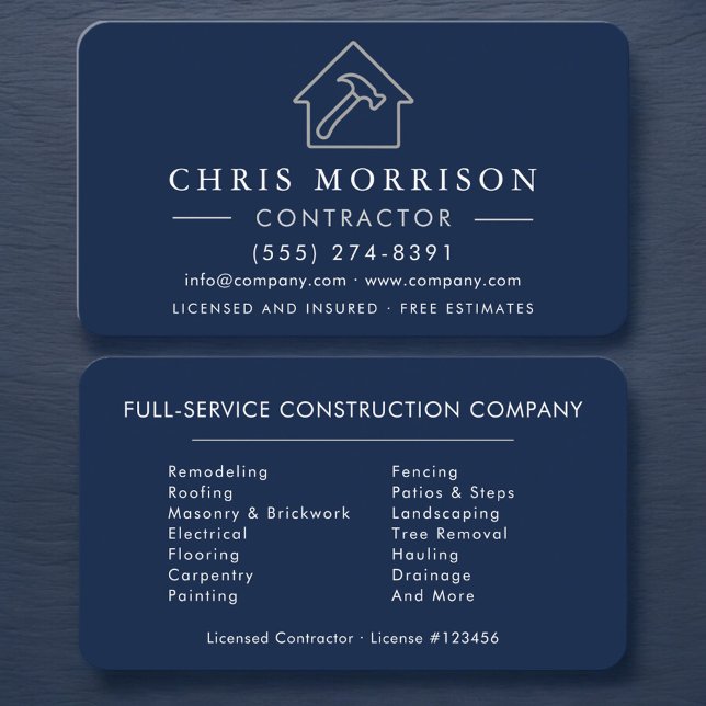 Carte De Visite Simple Building Construction Navy Blue Silver (Créateur téléchargé)