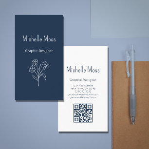 Carte De Visite Simple Daisy QR code Navy Blue Graphic Designer