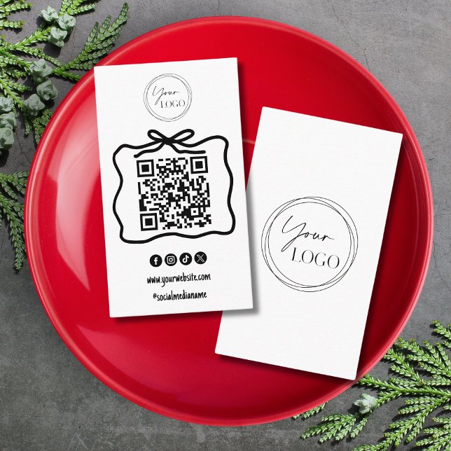 Carte De Visite Simple Doodle Bow Your Logo Social Media QR Code (Créateur téléchargé)