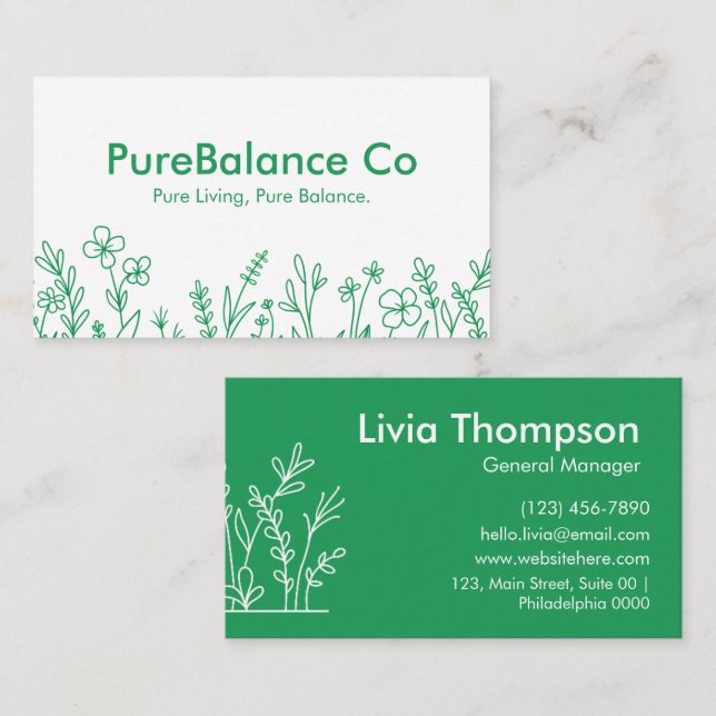 Carte De Visite Simple Eco Convivial Vert Vert Floral (Devant / Derrière)
