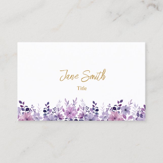 Carte de visite simple élégant à fleurs violettes (Devant)