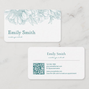 Carte De Visite Simple Élégant Code QR Art Linéaire Floral Bleu Tu