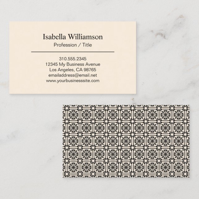 Carte De Visite Simple Elegant noir & crème Motif de carrelage esp (Devant / Derrière)