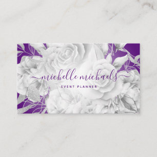 Carte De Visite Simple Floral Purple & Silver Script moderne