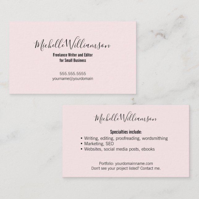 Carte De Visite Simple Freelancer Entrepreneur Blush Pink Noir (Devant / Derrière)