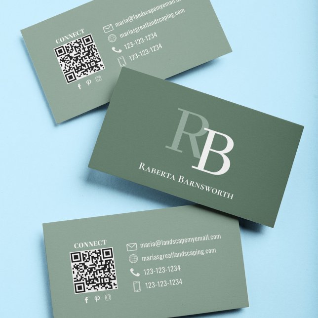 Carte De Visite Simple Green Monogram QR Code | Connect with Me (Green and white monogram QR code business card.)