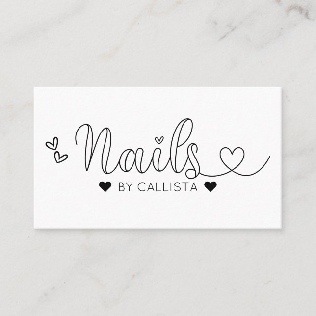Carte De Visite Simple Joli Coeur Blanc Typographie Nail Tech (Devant)