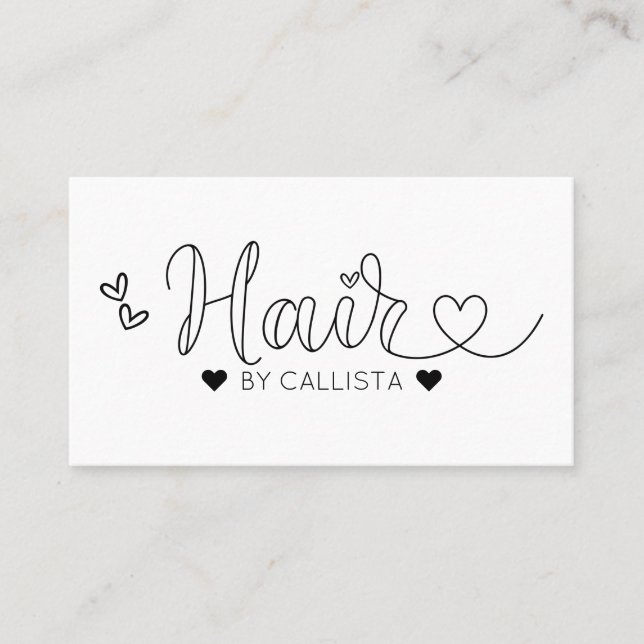 Carte De Visite Simple Joli Noir Coeurs Blancs Typographie Cheveux (Devant)