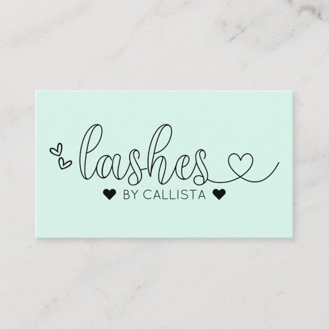 Carte De Visite Simple Jolie Menthe Coeurs verts Typographie Lashe (Devant)