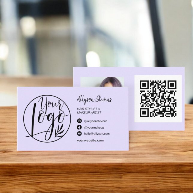 Carte De Visite Simple lavande maquillage photo logo qr code (Simple lavender hair makeup photo logo qr code business card)