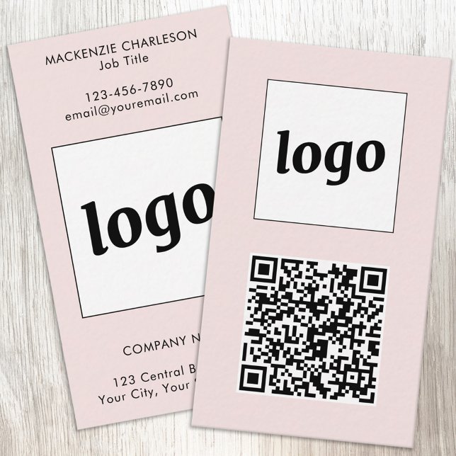 Carte De Visite Simple Logo Text QR Code Vertical Blush Pink (Simple logo with custom text and QR code business branding promotional vertical pink business cards)