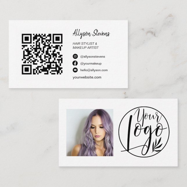 Carte De Visite Simple maquillage noir blanc cheveux photo qr code (Devant / Derrière)