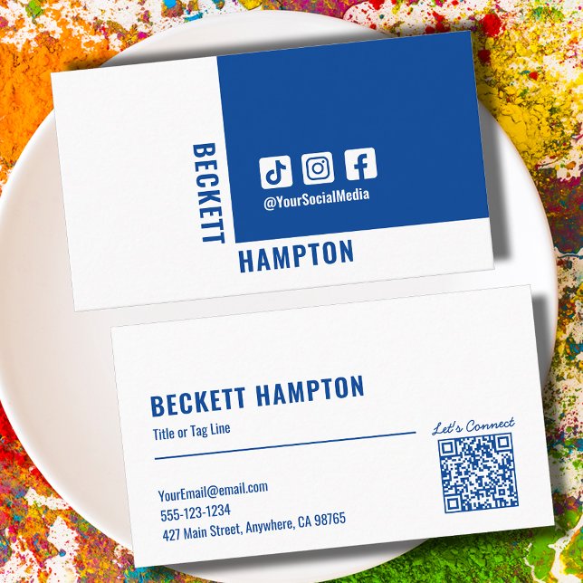 Carte De Visite Simple médias sociaux QR Code Bleu (Créateur téléchargé)