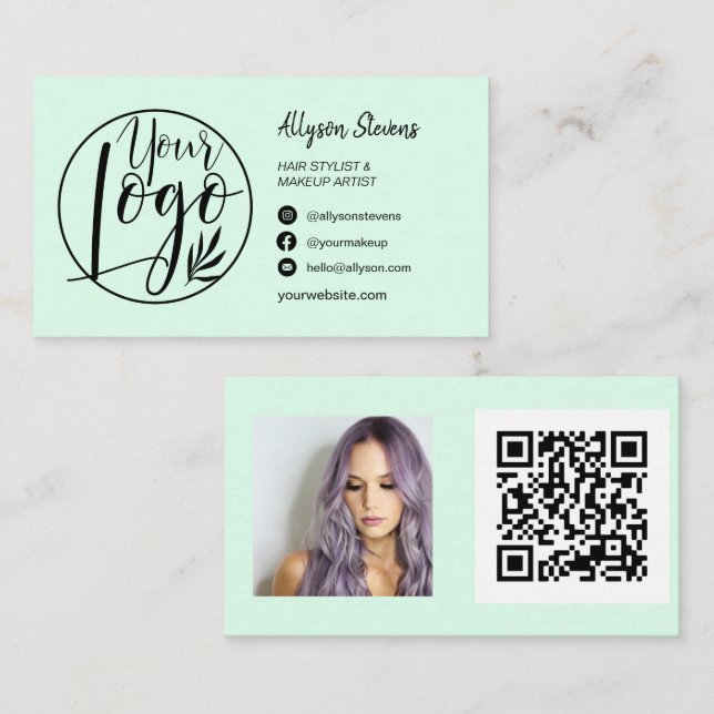 Carte De Visite Simple menthe vert maquillage photo logo qr code (Devant / Derrière)