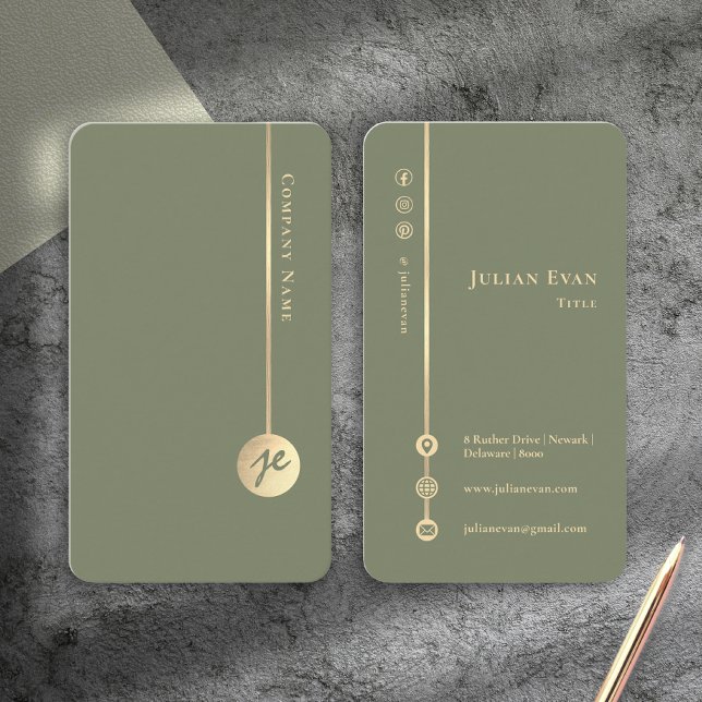 Carte De Visite Simple Minimal Monogram Elegant Sage Green & Gold (Simple Minimal Monogram Elegant Sage Green & Gold Business Card)