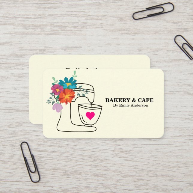 Carte De Visite Simple Mixer Floral Cake Bakery  (Devant/Arrière en situation)