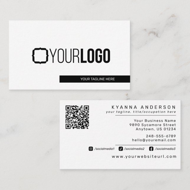 Carte De Visite Simple Modern Black & White - Ajouter QR Code/Logo (Devant / Derrière)