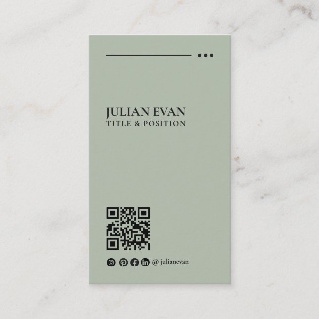 Carte De Visite Simple Modern QR Code Sage Green Minimalist (Devant)