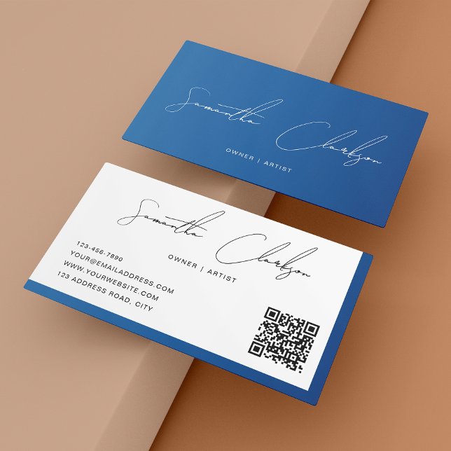 Carte De Visite Simple Moderne Bleu Code QR (Créateur téléchargé)