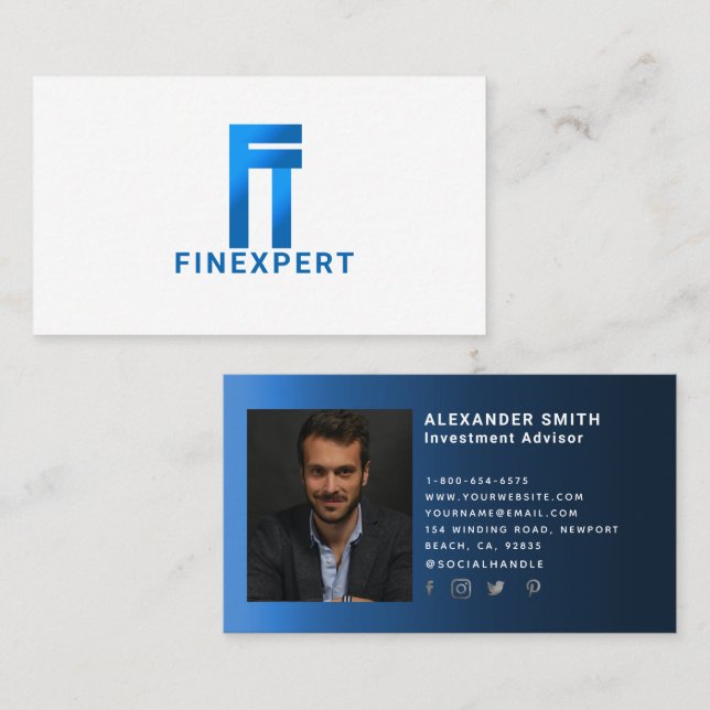 Carte De Visite Simple Moderne Bleu Logo Finance Photo Professionn (Devant / Derrière)