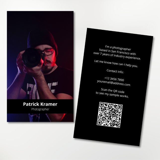 Carte De Visite Simple Moderne Code QR Photo Professionnel (Photographer with QR code portfolio business card)