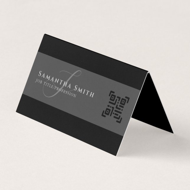Carte De Visite Simple moderne demi-gris mi-noir QR Monogramme (Devant)