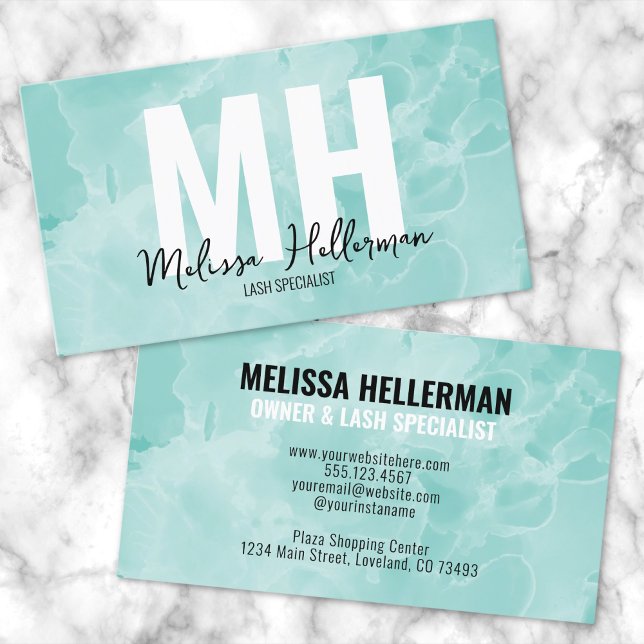 Carte De Visite Simple Moderne Monogramme Sarcelle (Simple Modern Watercolor Teal Monogram Business Card)