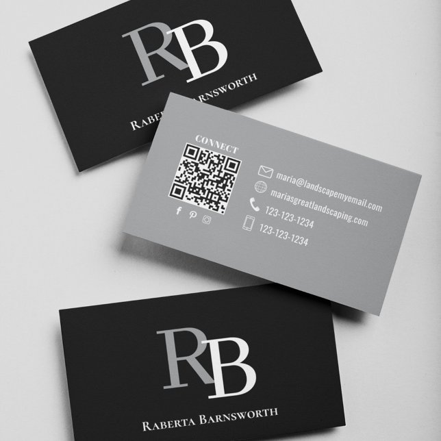 Carte De Visite Simple Monogram QR Code Black | Connect with Me (Black and gray business card with simple monogram.)