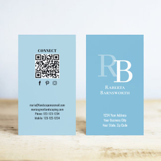 Carte De Visite Simple Monogram QR Code Blue | Connect with Me