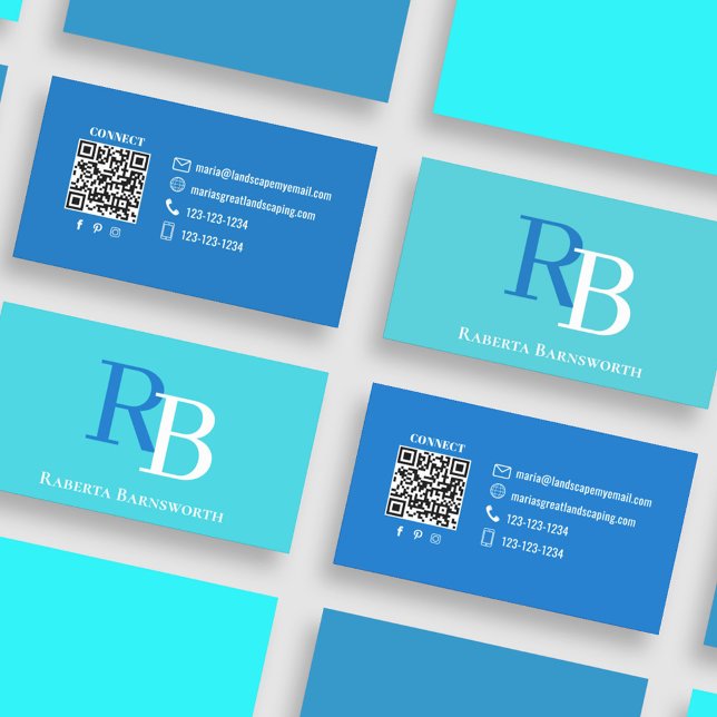 Carte De Visite Simple Monogram QR Code Blue | Connect with Me (Blue and turquoise monogram business card.)