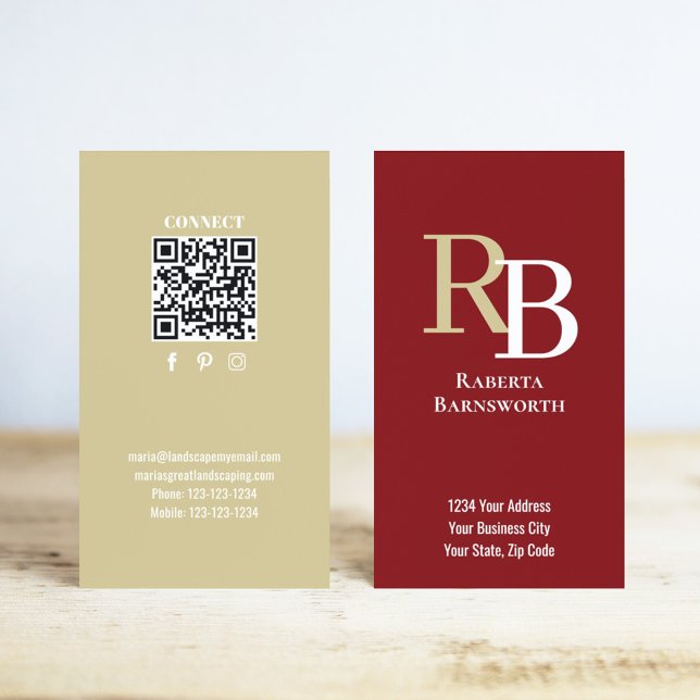 Carte De Visite Simple Monogram QR Code Burgundy | Connect with Me (Burgundy and gold monogram business card.)