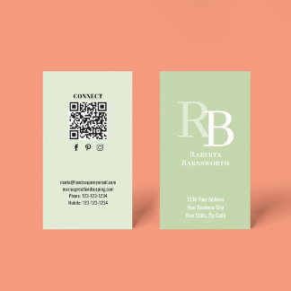 Carte De Visite Simple Monogram QR Code Green | Connect with Me