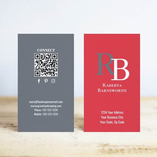 Carte De Visite Simple Monogram QR Code Red | Connect with Me (Red and grey business card with simple monogram.)