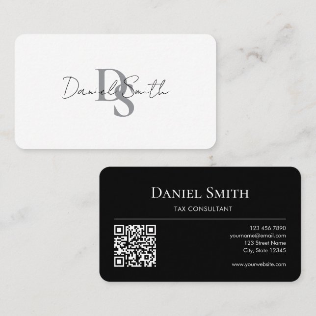 Carte De Visite Simple Monogramme Initial QRcode Noir Blanc Élégan (Devant / Derrière)